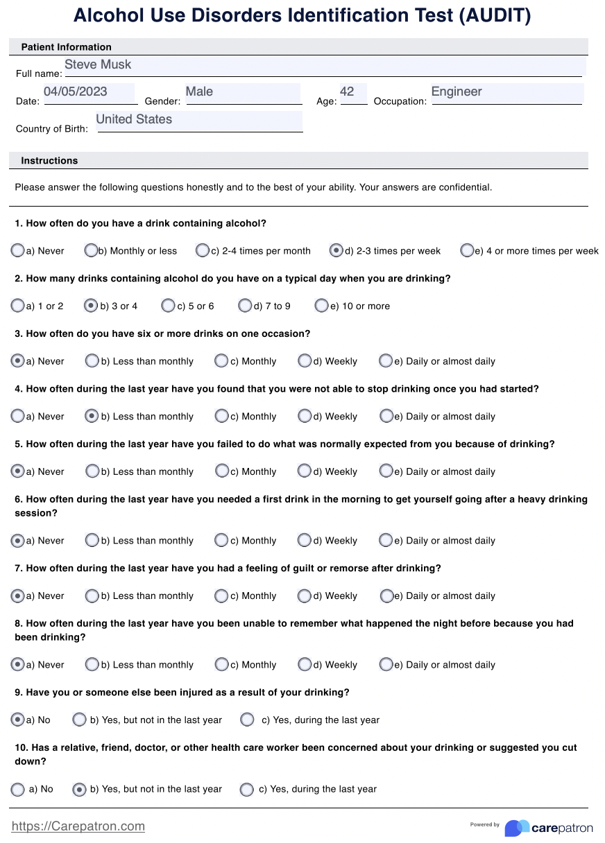 Alcohol Use Disorders Identification Test AUDIT Example Free PDF alcohol-use-disorders-identification-test-audit-example-free-pdf
